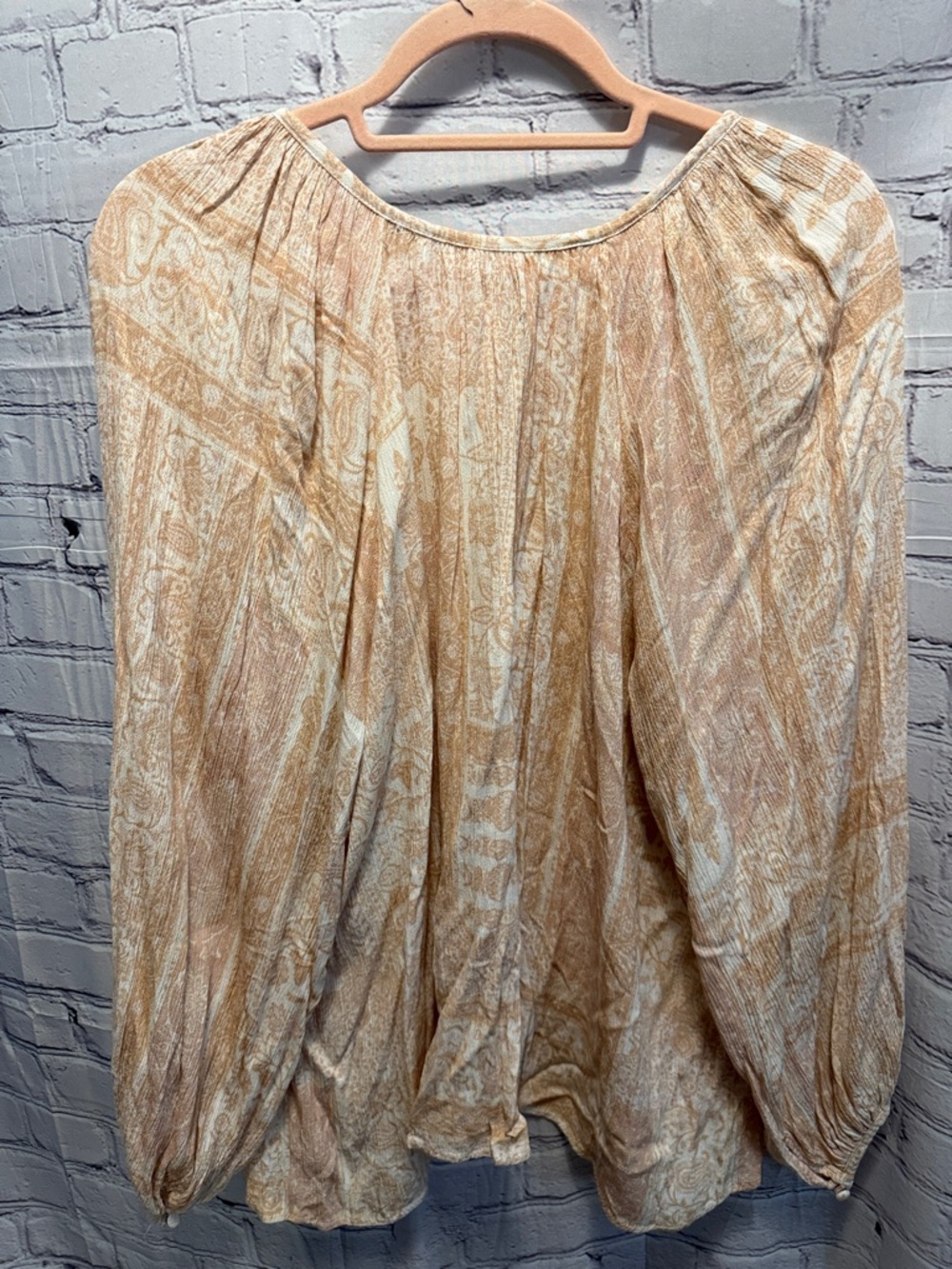 Wonderly Cream & Tan Boho Tie-Front Peasant Blouse - Picture 5 of 7